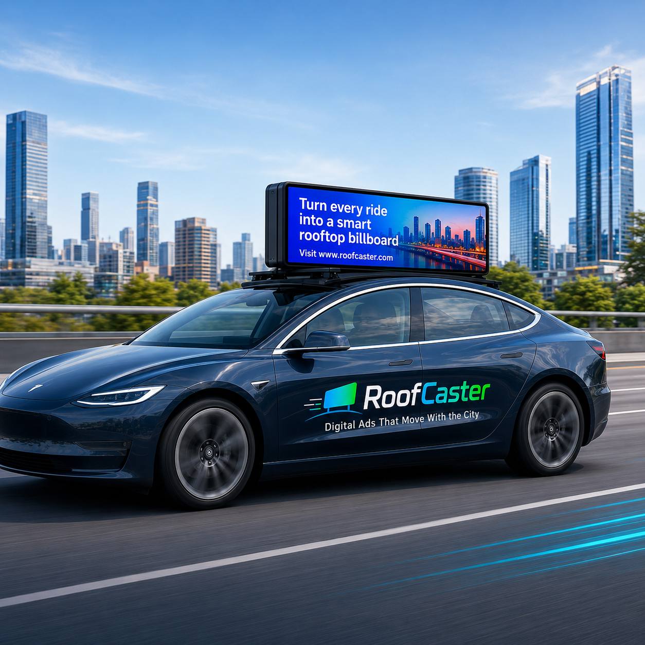 RoofCaster smart rooftop LCD advertising display mounted on a car